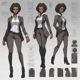 A high-quality digital art piece showcasing an anime-style character sheet of a black woman who is a hitman