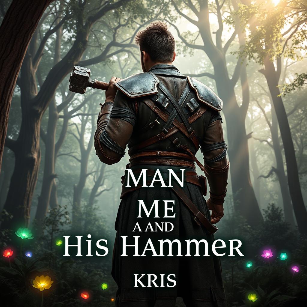 A fantasy-themed book cover featuring a rugged man wearing ornate leather armor, standing in a mystical forest
