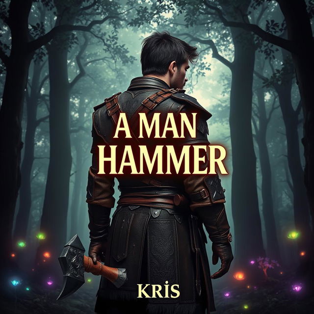 A fantasy-themed book cover featuring a rugged man wearing ornate leather armor, standing in a mystical forest