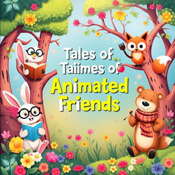 A vibrant and playful book cover for a collection of animated animal stories, featuring a variety of lively anthropomorphic animals like a cheerful rabbit wearing glasses reading a book, a wise owl perched on a tree branch, a mischievous fox holding a paintbrush, and a friendly bear wearing a scarf, all set against a colorful, whimsical forest background filled with flowers and enchanting trees
