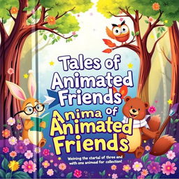 A vibrant and playful book cover for a collection of animated animal stories, featuring a variety of lively anthropomorphic animals like a cheerful rabbit wearing glasses reading a book, a wise owl perched on a tree branch, a mischievous fox holding a paintbrush, and a friendly bear wearing a scarf, all set against a colorful, whimsical forest background filled with flowers and enchanting trees