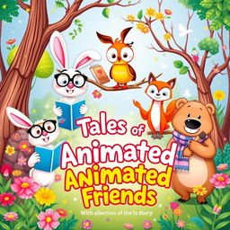 A vibrant and playful book cover for a collection of animated animal stories, featuring a variety of lively anthropomorphic animals like a cheerful rabbit wearing glasses reading a book, a wise owl perched on a tree branch, a mischievous fox holding a paintbrush, and a friendly bear wearing a scarf, all set against a colorful, whimsical forest background filled with flowers and enchanting trees