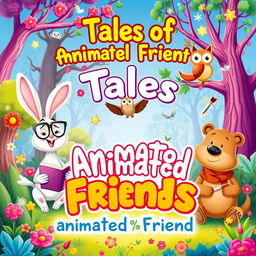 A vibrant and playful book cover for a collection of animated animal stories, featuring a variety of lively anthropomorphic animals like a cheerful rabbit wearing glasses reading a book, a wise owl perched on a tree branch, a mischievous fox holding a paintbrush, and a friendly bear wearing a scarf, all set against a colorful, whimsical forest background filled with flowers and enchanting trees