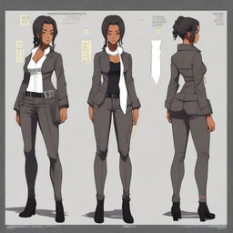 A high-quality digital art piece showcasing an anime-style character sheet of a black woman who is a hitman