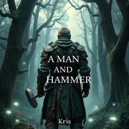 A fantasy-themed book cover featuring a rugged man clad in intricately designed leather armor, standing amidst a mystical forest