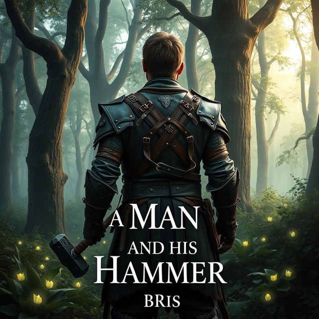 A fantasy-themed book cover featuring a rugged man clad in intricately designed leather armor, standing amidst a mystical forest