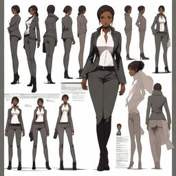 A high-quality digital art piece showcasing an anime-style character sheet of a black woman who is a hitman