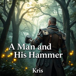 A fantasy-themed book cover showcasing a rugged man clad in intricately designed leather armor, standing in a mystical forest