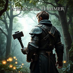 A fantasy-themed book cover showcasing a rugged man clad in intricately designed leather armor, standing in a mystical forest