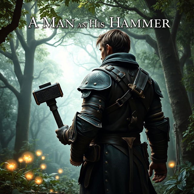 A fantasy-themed book cover showcasing a rugged man clad in intricately designed leather armor, standing in a mystical forest