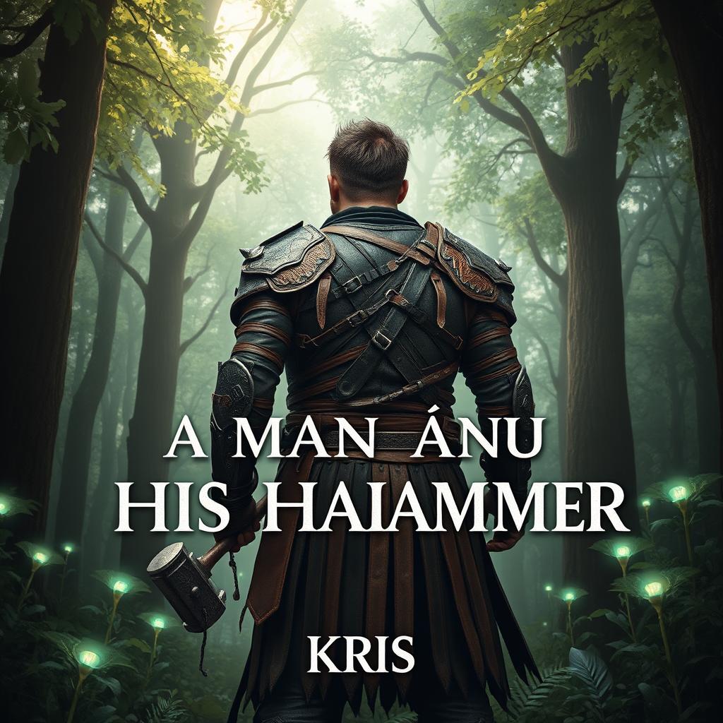 A fantasy-themed book cover showcasing a rugged man clad in intricately designed leather armor, standing in a mystical forest