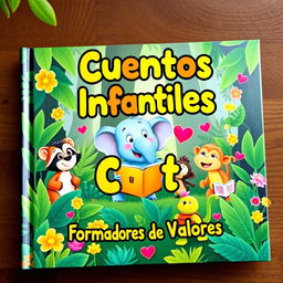 A captivating book cover for a children's collection titled 'Cuentos Infantiles Cortos Formadores de Valores', featuring colorful animated animals as the main characters