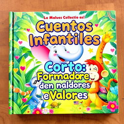 A captivating book cover for a children's collection titled 'Cuentos Infantiles Cortos Formadores de Valores', featuring colorful animated animals as the main characters