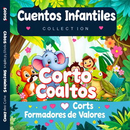 A captivating book cover for a children's collection titled 'Cuentos Infantiles Cortos Formadores de Valores', featuring colorful animated animals as the main characters