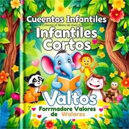 A captivating book cover for a children's collection titled 'Cuentos Infantiles Cortos Formadores de Valores', featuring colorful animated animals as the main characters