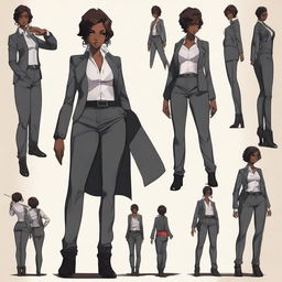 A high-quality digital art piece showcasing an anime-style character sheet of a black woman who is a hitman