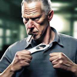 A hyper-realistic digital art piece showing a man eating a wrench