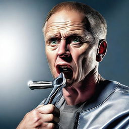 A hyper-realistic digital art piece showing a man eating a wrench