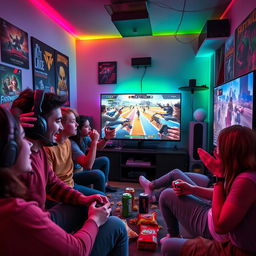 A dynamic scene depicting an intense gaming session, featuring a diverse group of young adults enthusiastically playing video games together in a cozy gaming room