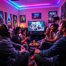 A dynamic scene depicting an intense gaming session, featuring a diverse group of young adults enthusiastically playing video games together in a cozy gaming room