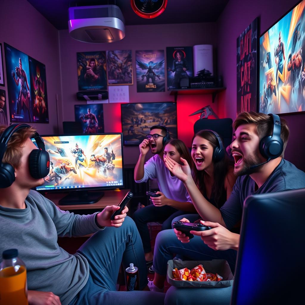 A dynamic scene depicting an intense gaming session, featuring a diverse group of young adults enthusiastically playing video games together in a cozy gaming room