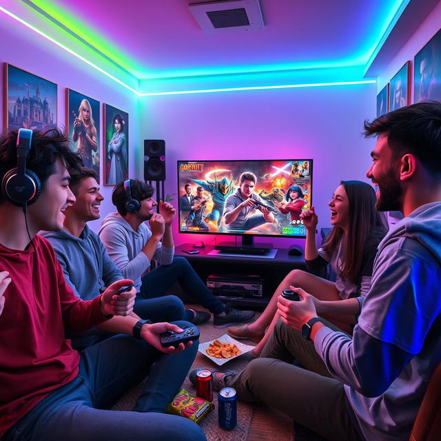 A dynamic scene depicting an intense gaming session, featuring a diverse group of young adults enthusiastically playing video games together in a cozy gaming room