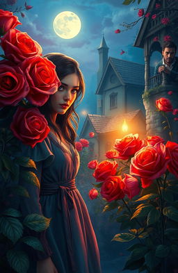 A mystical and colorful scene depicting Selena, a painter with a curious expression, standing in the enchanting Rose Village, surrounded by vibrant, blooming red roses that seem to glow under the moonlight
