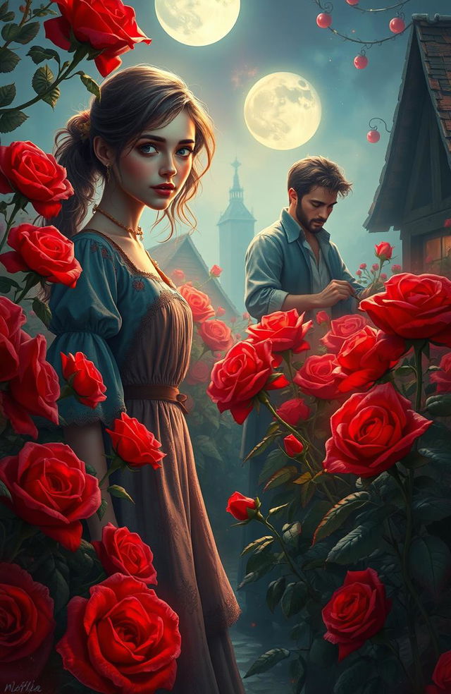 A mystical and colorful scene depicting Selena, a painter with a curious expression, standing in the enchanting Rose Village, surrounded by vibrant, blooming red roses that seem to glow under the moonlight