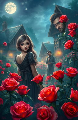 A mystical and colorful scene depicting Selena, a painter with a curious expression, standing in the enchanting Rose Village, surrounded by vibrant, blooming red roses that seem to glow under the moonlight