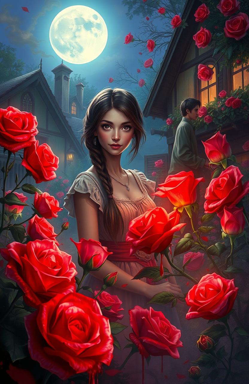 A mystical and colorful scene depicting Selena, a painter with a curious expression, standing in the enchanting Rose Village, surrounded by vibrant, blooming red roses that seem to glow under the moonlight