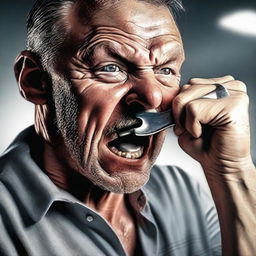 A hyper-realistic digital art piece showing a man eating a wrench