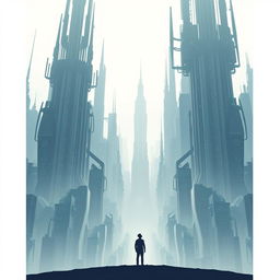 A minimalist movie poster for a science fiction film, depicting a futuristic dystopian background