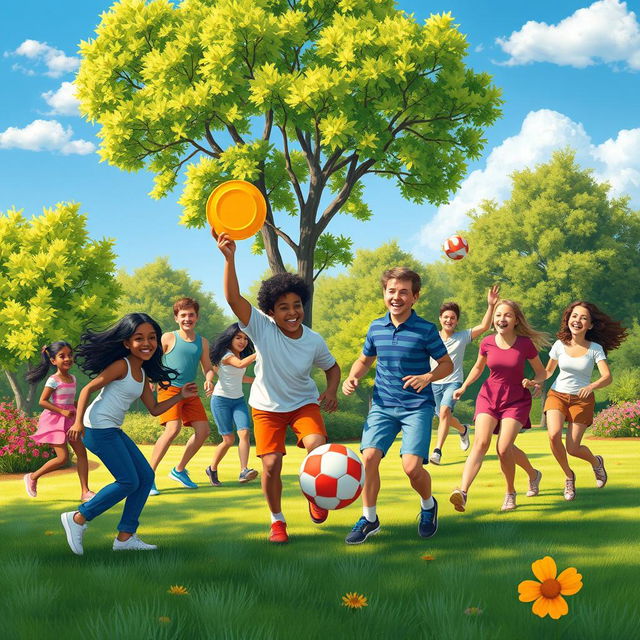 A vibrant and lively scene depicting a diverse group of people engaging in various outdoor games, such as frisbee, soccer, and volleyball