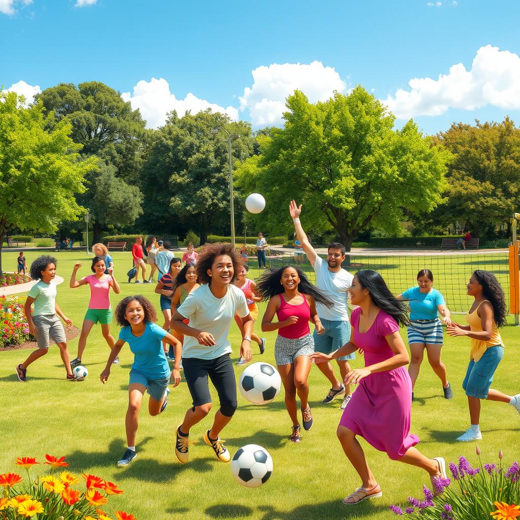 A vibrant and lively scene depicting a diverse group of people engaging in various outdoor games, such as frisbee, soccer, and volleyball