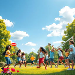 A vibrant and lively scene depicting a diverse group of people engaging in various outdoor games, such as frisbee, soccer, and volleyball