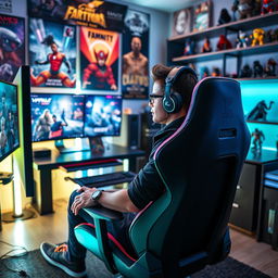 A stylish gamer sitting in a modern gaming chair, surrounded by vibrant LED lights and high-tech gaming equipment like dual monitors displaying high-resolution graphics