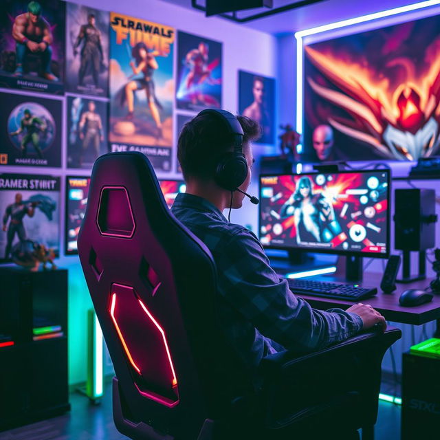 A stylish gamer sitting in a modern gaming chair, surrounded by vibrant LED lights and high-tech gaming equipment like dual monitors displaying high-resolution graphics