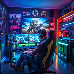 A stylish gamer sitting in a modern gaming chair, surrounded by vibrant LED lights and high-tech gaming equipment like dual monitors displaying high-resolution graphics