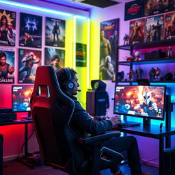 A stylish gamer sitting in a modern gaming chair, surrounded by vibrant LED lights and high-tech gaming equipment like dual monitors displaying high-resolution graphics
