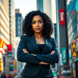 A powerful and confident woman standing tall in a vibrant urban setting, exuding strength and determination