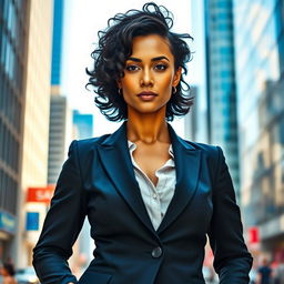 A powerful and confident woman standing tall in a vibrant urban setting, exuding strength and determination