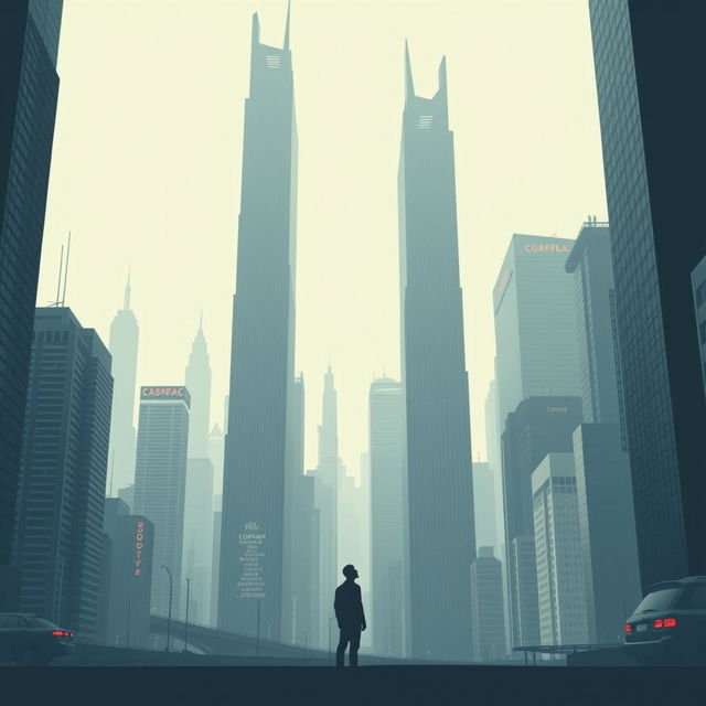 A minimalist movie poster for a science fiction film, set against a futuristic dystopian background