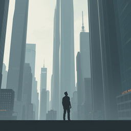 A minimalist movie poster for a science fiction film, set against a futuristic dystopian background