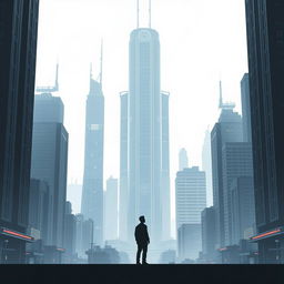 A minimalist movie poster for a science fiction film, set against a futuristic dystopian background