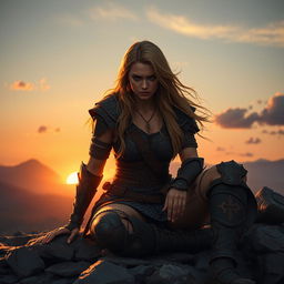 A strong female warrior sitting on a rocky terrain, looking exhausted yet resilient