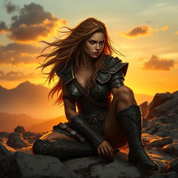 A strong female warrior sitting on a rocky terrain, looking exhausted yet resilient