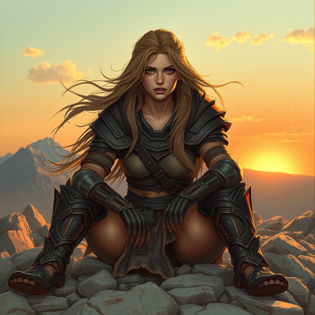 A strong female warrior sitting on a rocky terrain, looking exhausted yet resilient