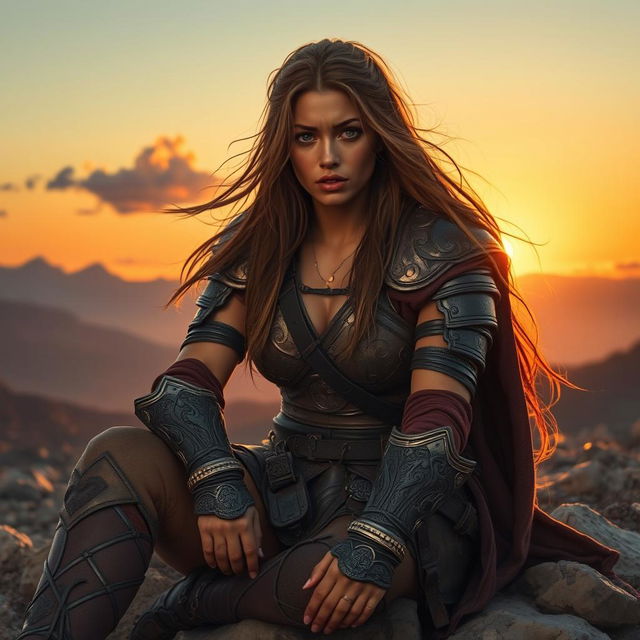 A strong female warrior sitting on a rocky terrain, looking exhausted yet resilient