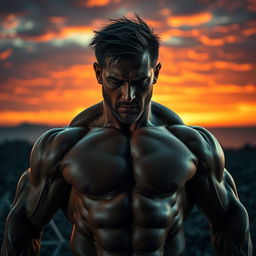 A striking image of a powerful and muscular figure, showcasing strength and determination, yet visibly tired