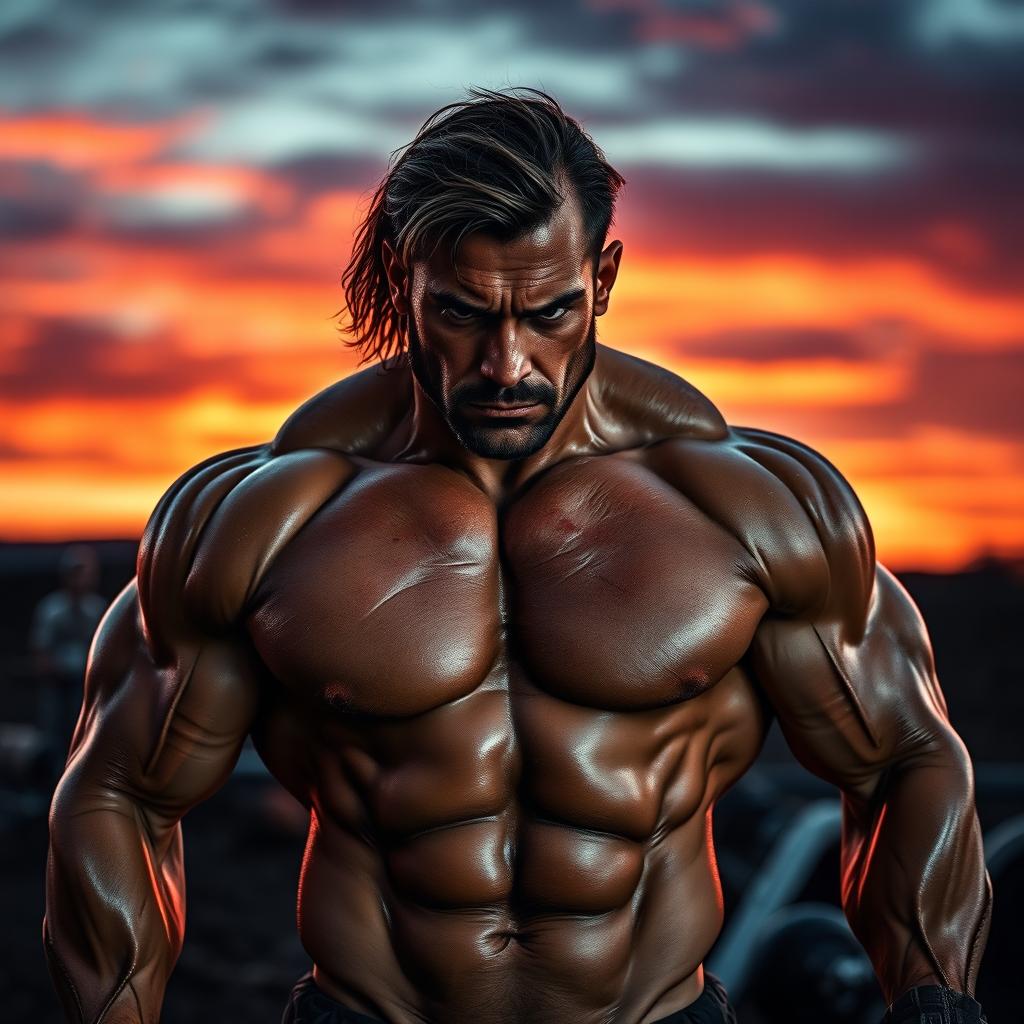 A striking image of a powerful and muscular figure, showcasing strength and determination, yet visibly tired